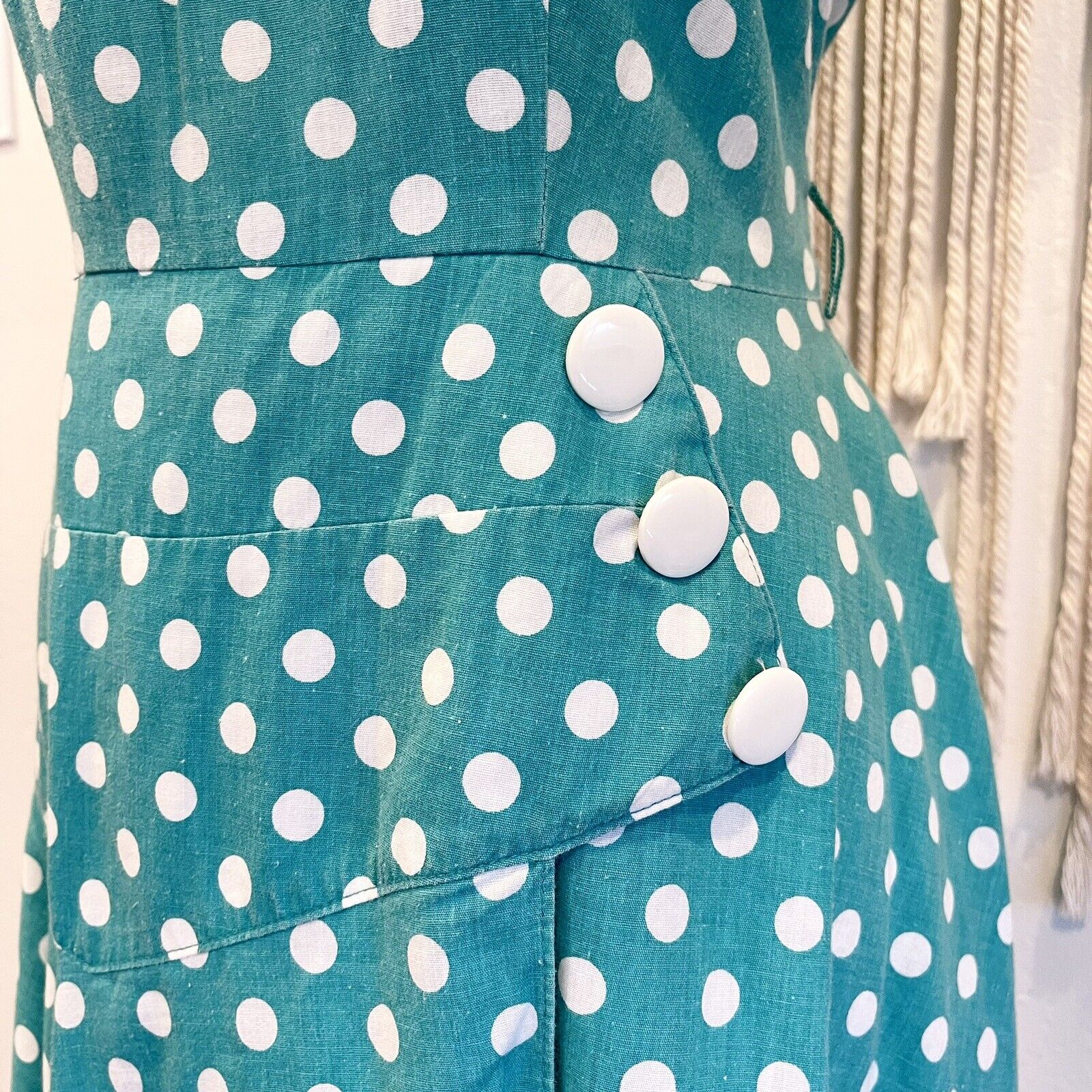 Vintage 1960's Teal & White Polka Dot Button Tea Length Milanzo Dress - Medium