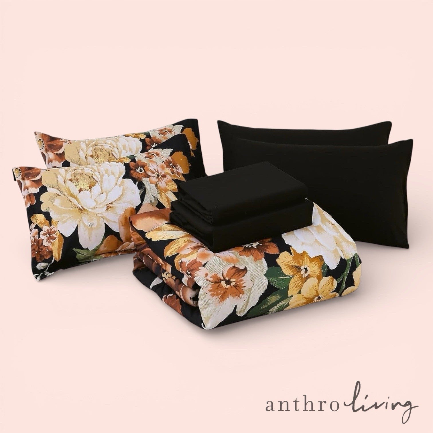 NEW Anthro 7 Piece Black Floral Boho Queen / King Bedding Comforter & Sham Set