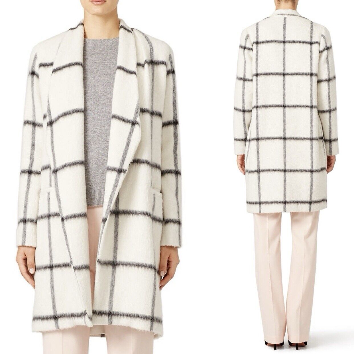 Free People / Waverly Grey & White Wool Plaid Coat Sweater | Size 10 / Large