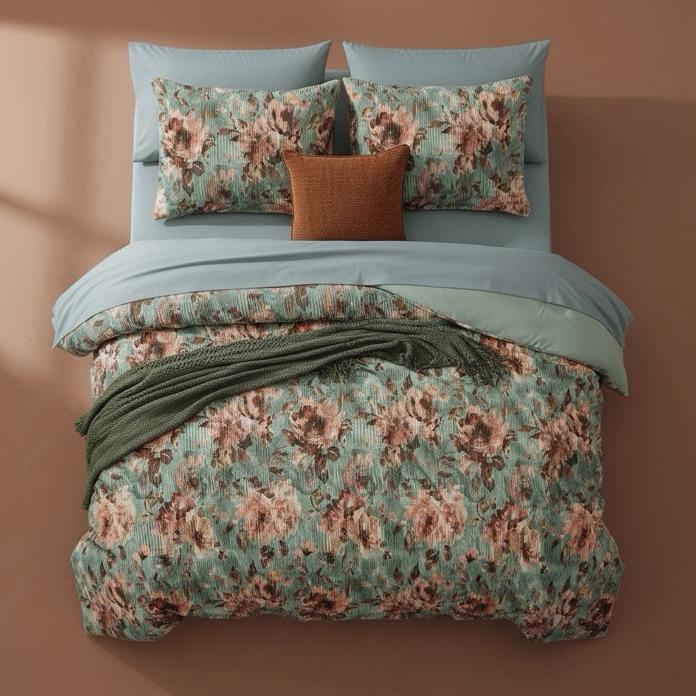 NEW Anthro 7 Piece Green Velvet Boho Queen / King Bedding Comforter & Sham Set