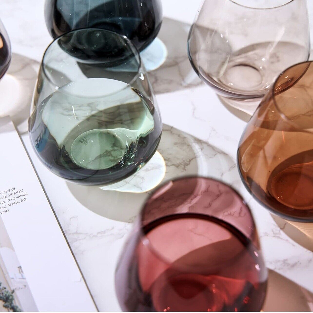 NEW West Elm (Set of 6) Colorful Stemless Crystal Wine Glass Drink Ware Bar Set