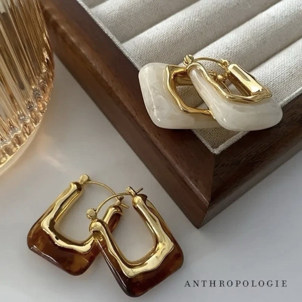NEW Anthropologie White Resin & Gold Plated Chunky Hoop Dangle Earrings Jewelry