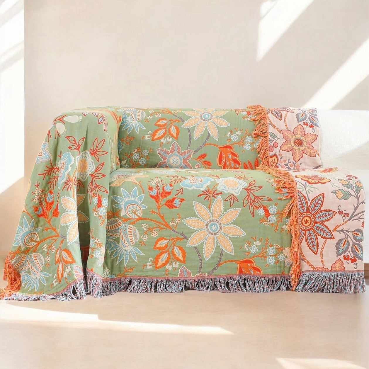 NEW XL Coral & Green Reversible Boho Fringe Blanket Bedspread Quilt - 80" x 90"