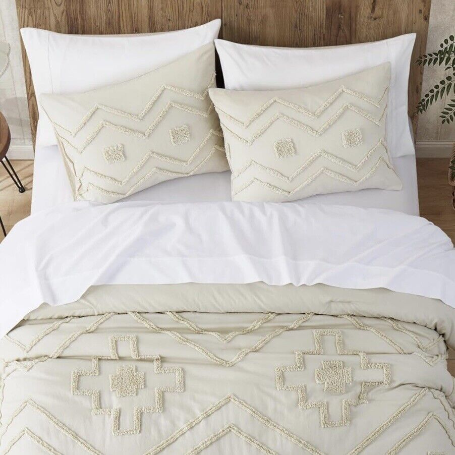 NEW Anthropologie Cream Boho Queen Size Tassel Comforter Bedding Sham Case Set