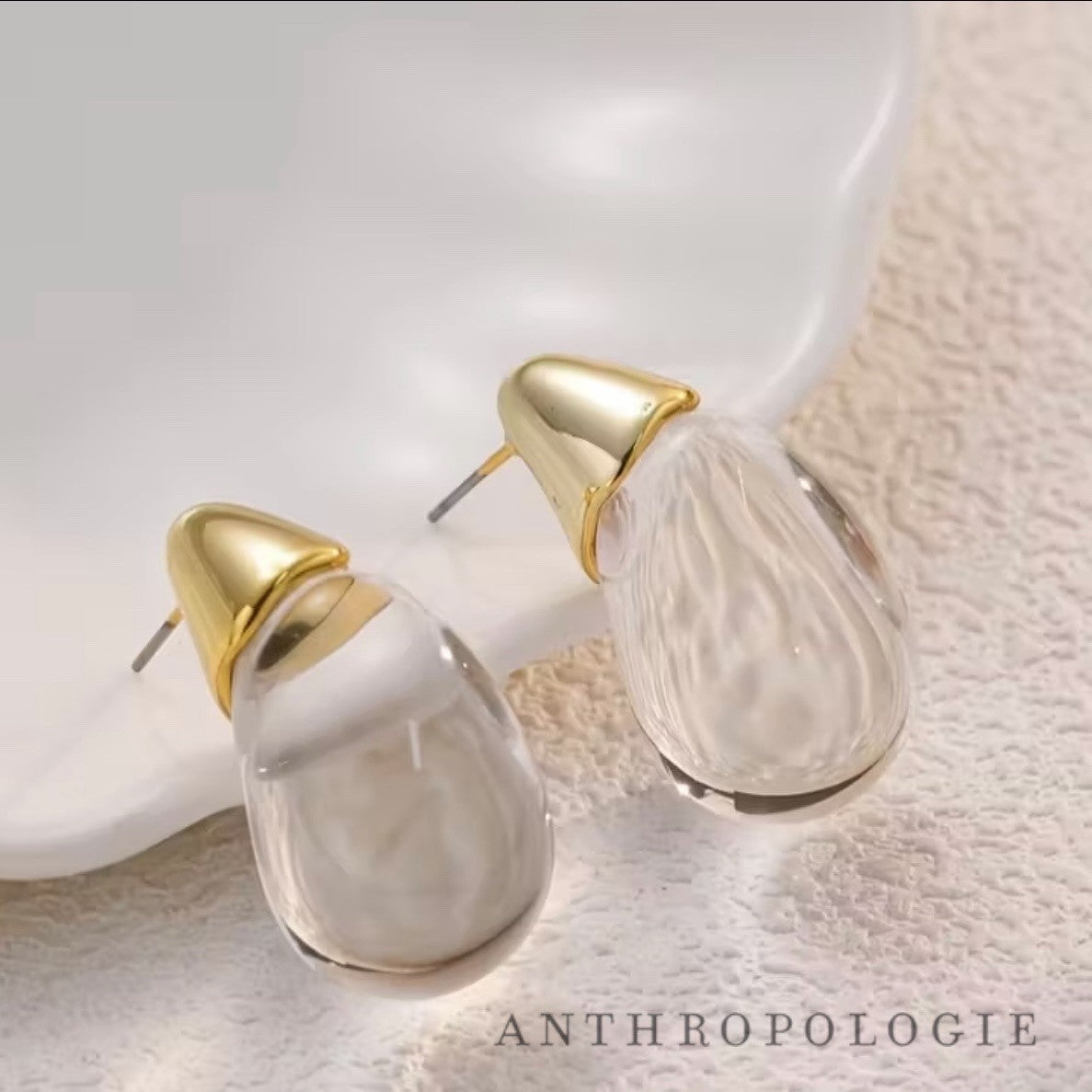 NEW Anthropologie Clear Resin & Gold Plated Chunky Hoop Dangle Earrings Jewelry