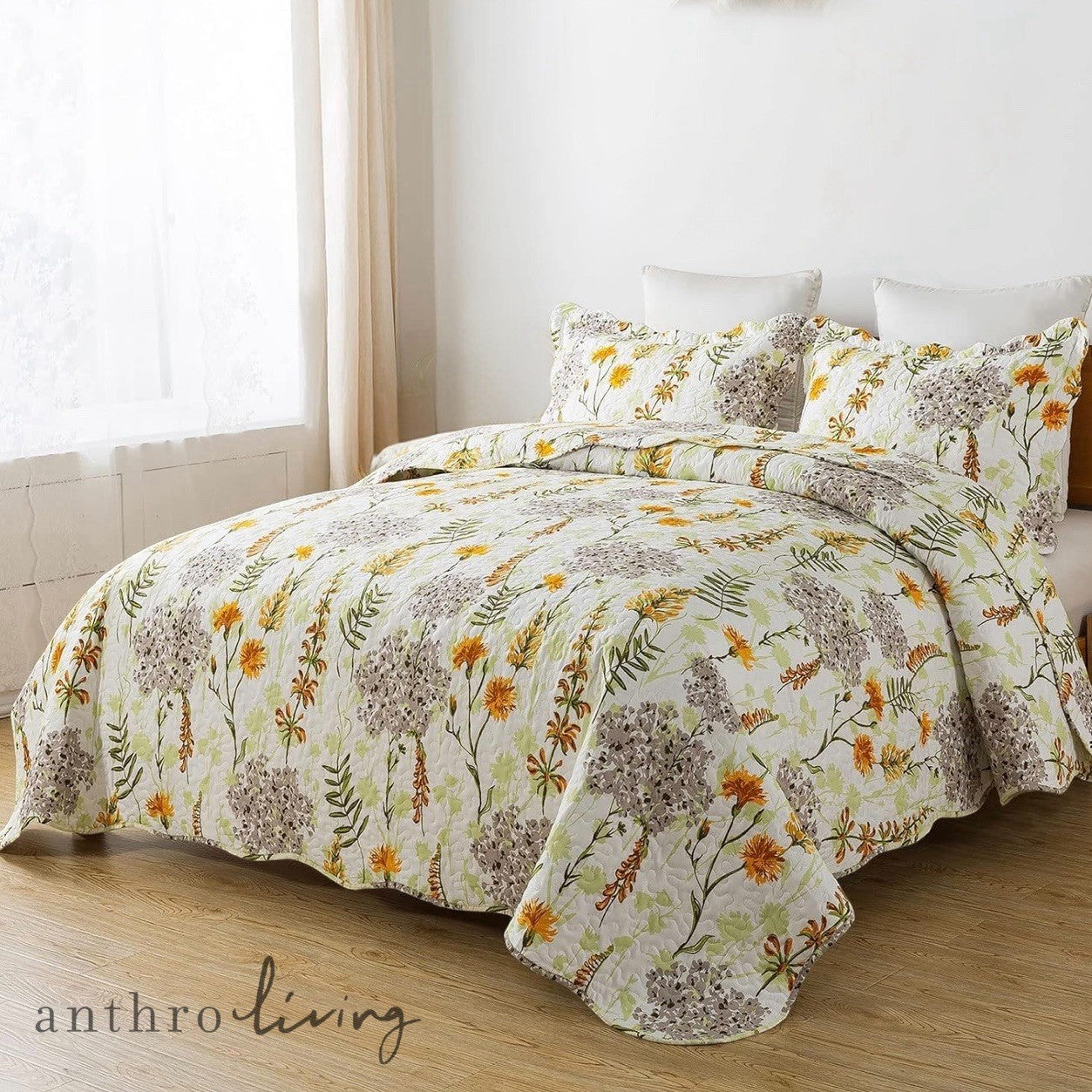 NEW Anthro White Yellow Floral Queen Boho Quilt Bedding Bedspread Duvet Sham Set