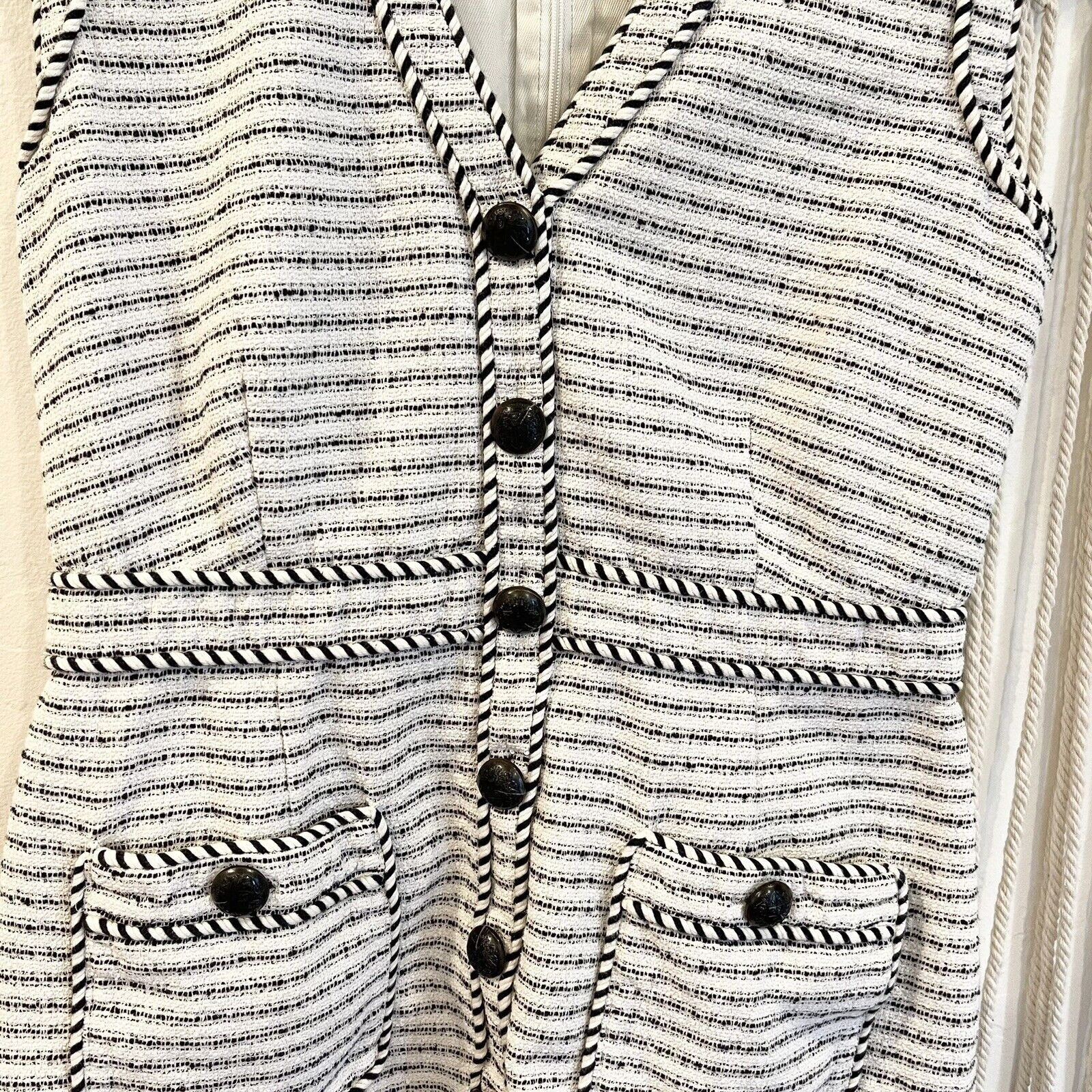 Veronica Beard Kama Azra Tweed Mini Dress Black White Striped - Size Large / 12