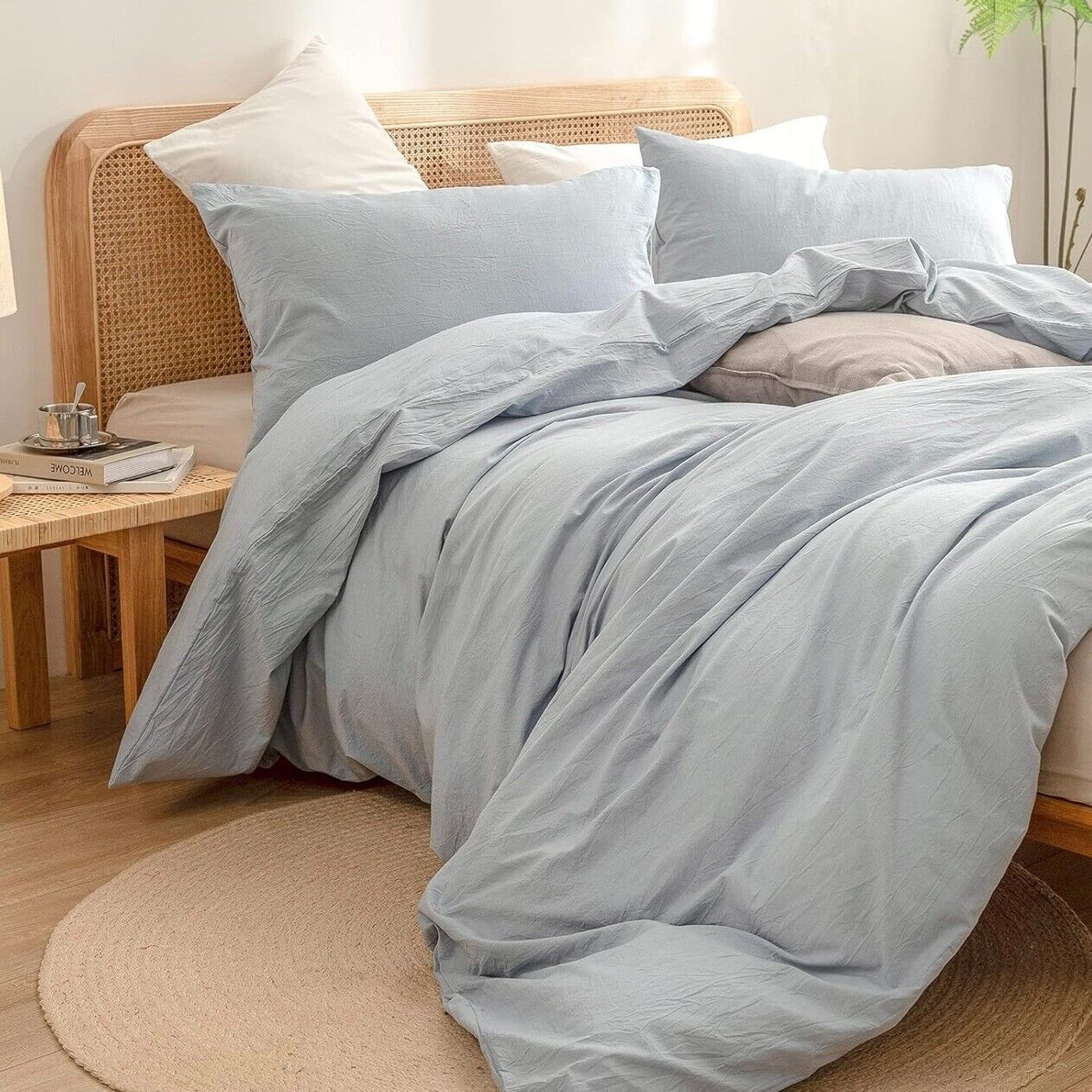 NEW West Elm Light Blue Solid 100% Cotton Modern Bedding Duvet & Sham Case