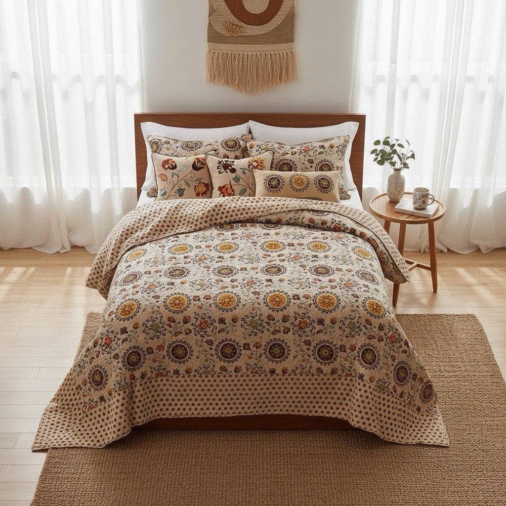 NEW Anthropologie Multicolor Retro Boho Queen Quilt Bedspread Bedding Sham Set
