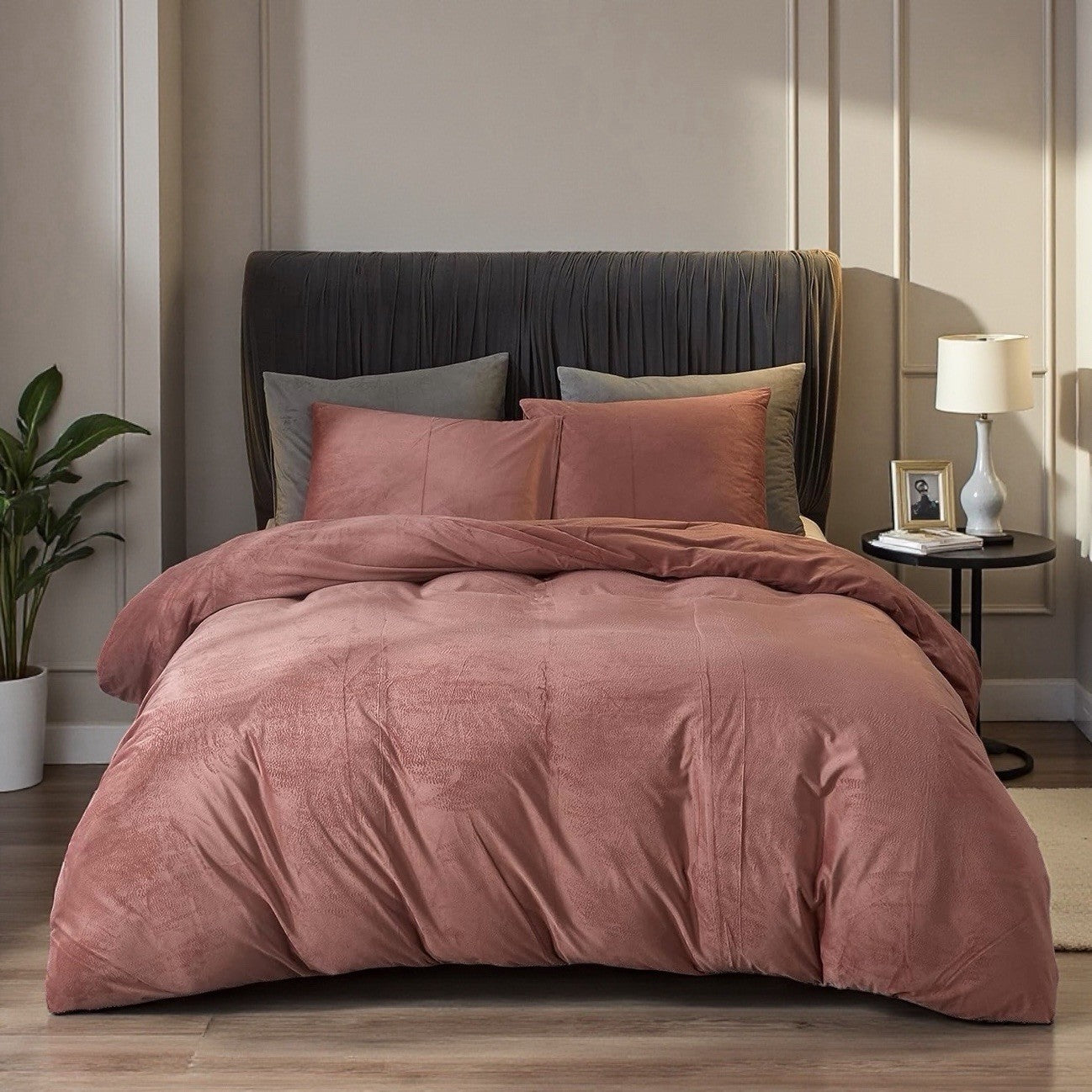 NEW West Elm Blush Pink Lux Velvet Flannel Queen / King Bedding Duvet & Sham Set