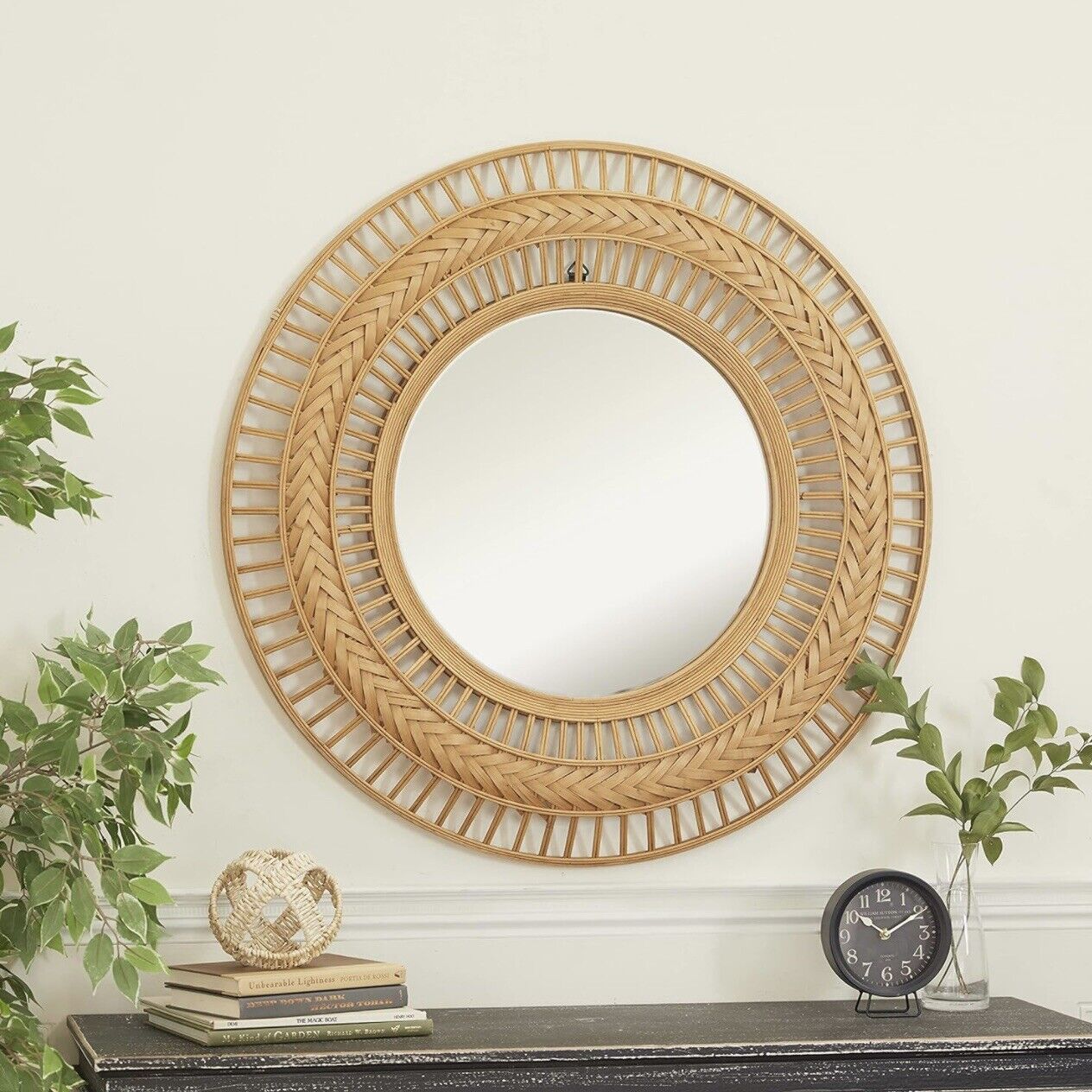 NEW West Elm Large Round Mirror Wicker Rattan Boho Wall Hanging Decor - 36” Diam