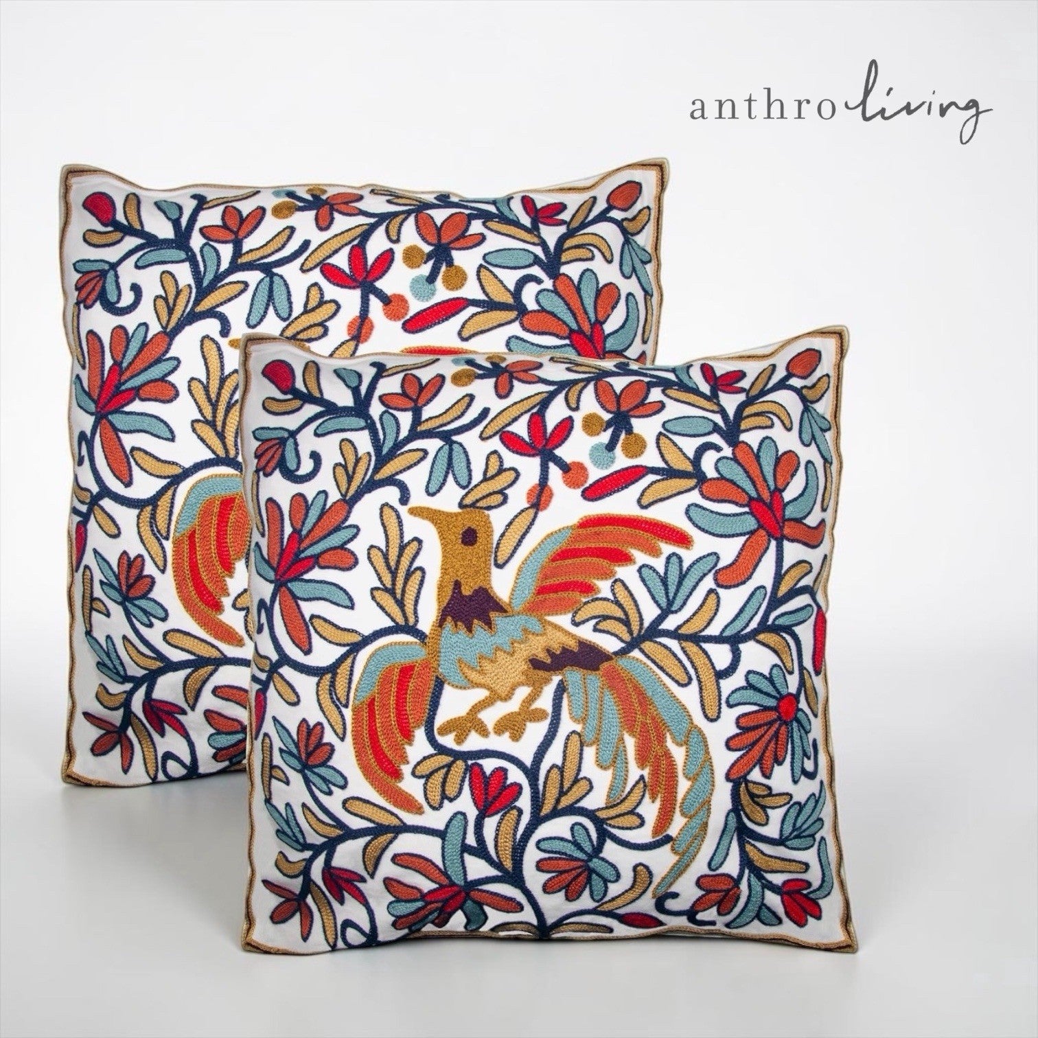 NEW Anthropologie Boho Floral Embroidered Throw Pillow Cover Case Sham 18 x 18
