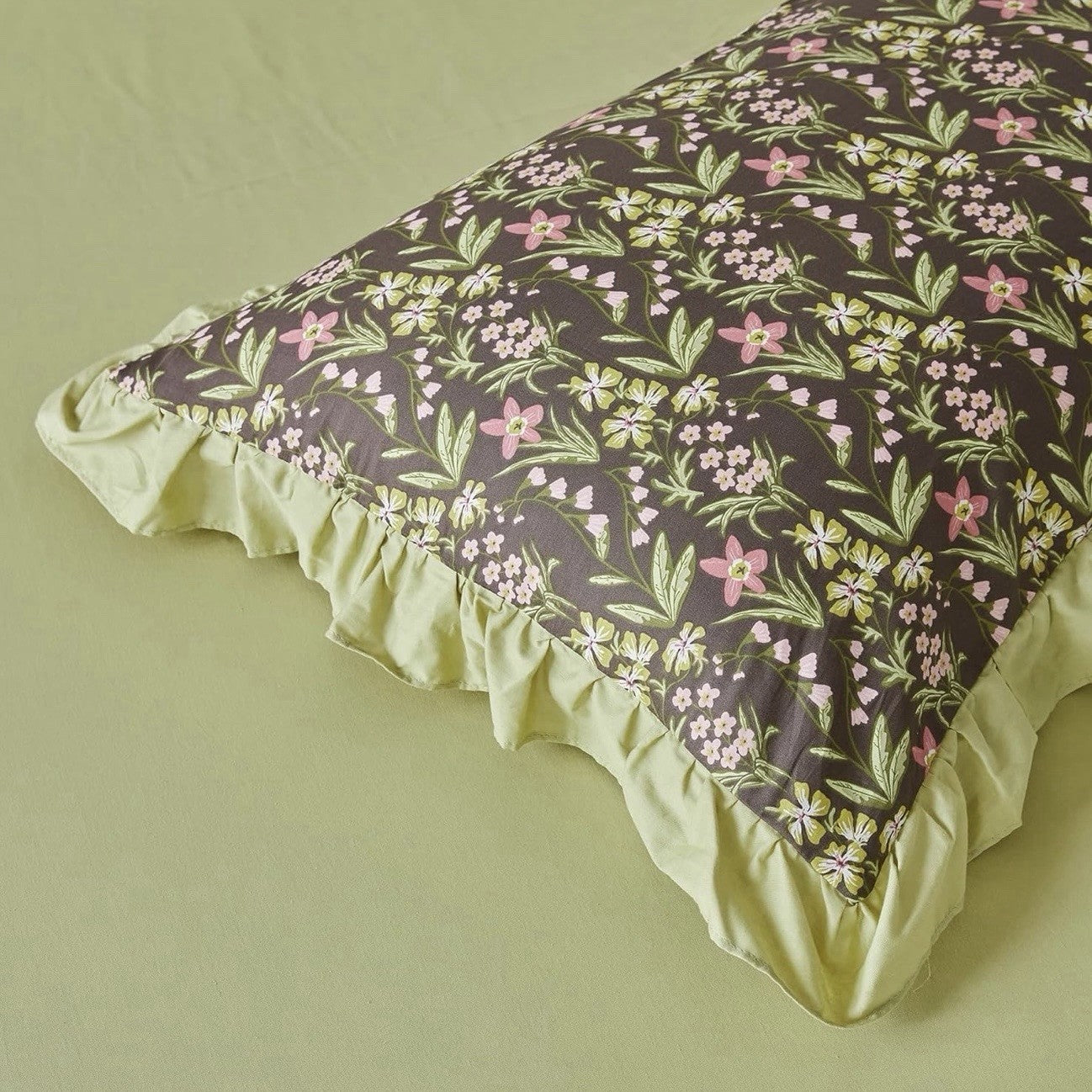 NEW Anthro Green Ruffle Floral Cotton Boho Queen / King Bedding Duvet & Sham Set