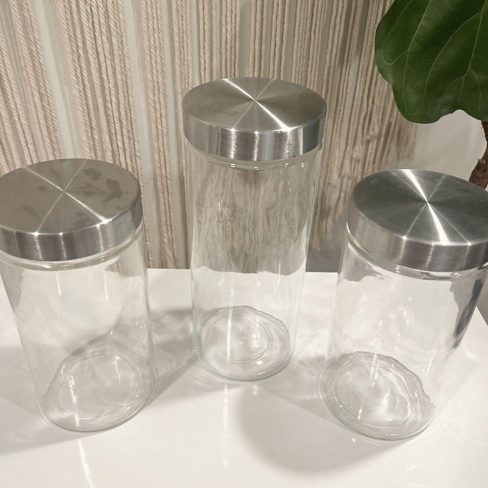 West Elm Set of Three Clear Glass & Aluminum Storage Jars Containers Canisters