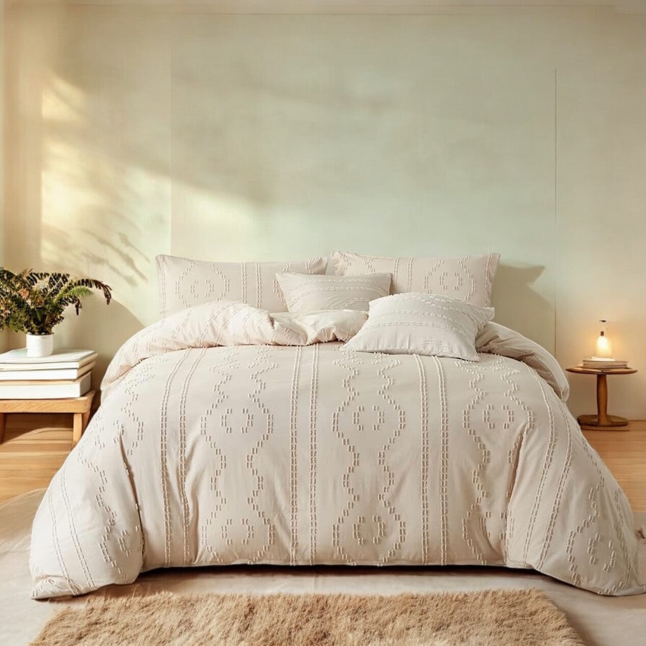 NEW Anthro Tassel Beige Boho King Tufted Fringe Bedding Duvet & Pillow Sham Set