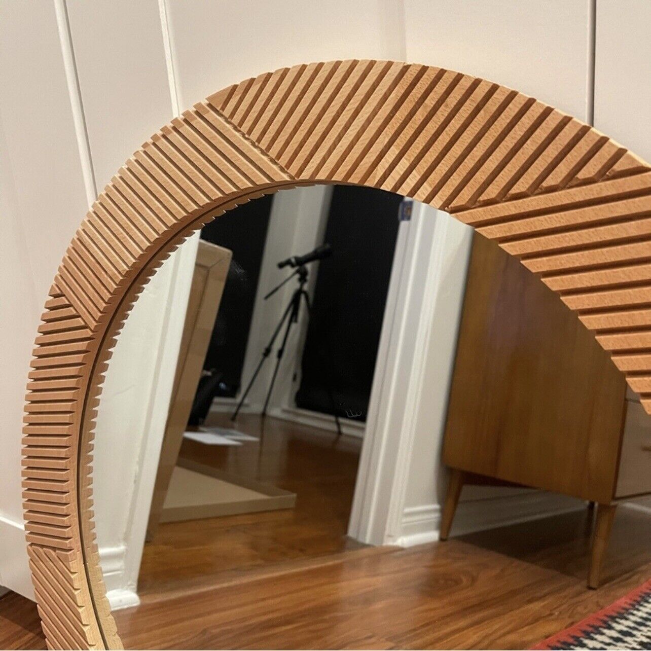 NEW West Elm Large Round Mirror Grooved Wood Boho Wall Hanging Decor - 24” Diam