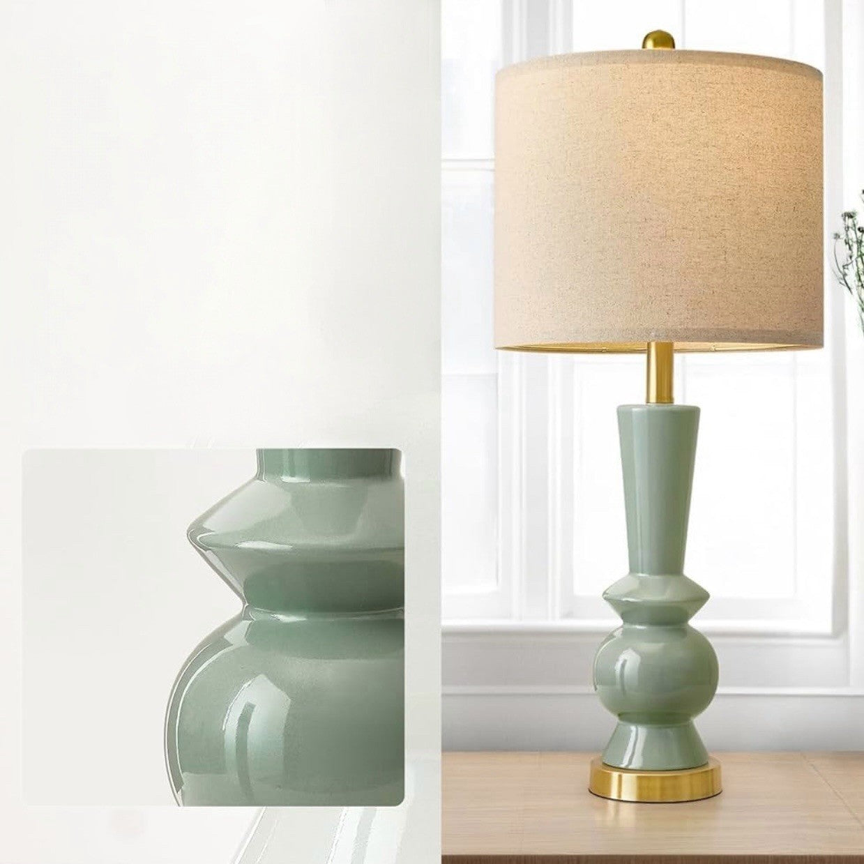 NEW Anthropologie Set of 2 Sage Green Gold Ceramic Boho Table Lamps Lighting 27"