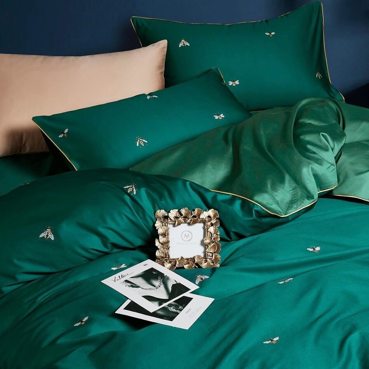 NEW Anthropologie Emerald Green Bee Boho Queen Size Bedding Duvet Sham Case Set