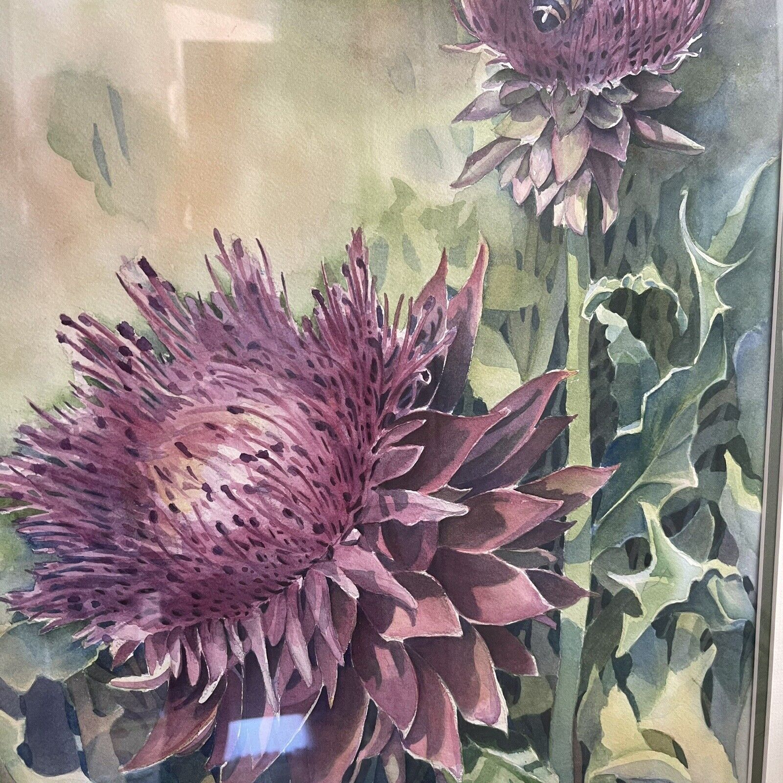 Original Susan Tait Signed Purple Floral Thistle Framed Watercolor Painting