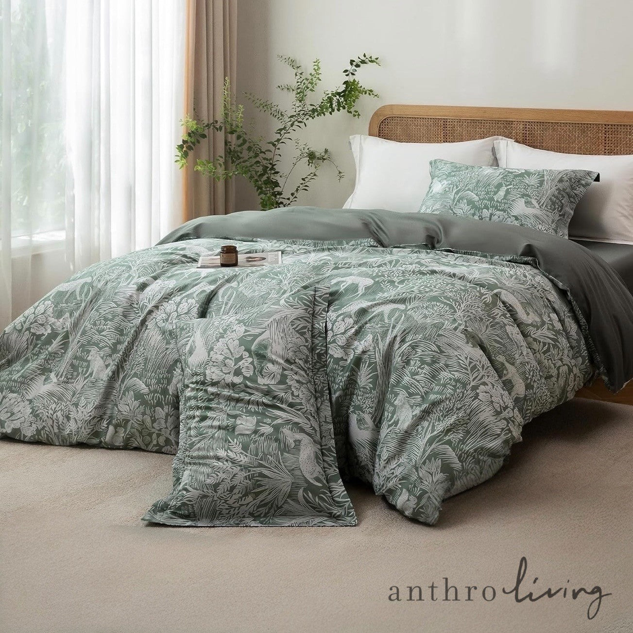 NEW Anthro Green Floral Botanical Full Queen King Cotton Bedding Duvet Sham Set