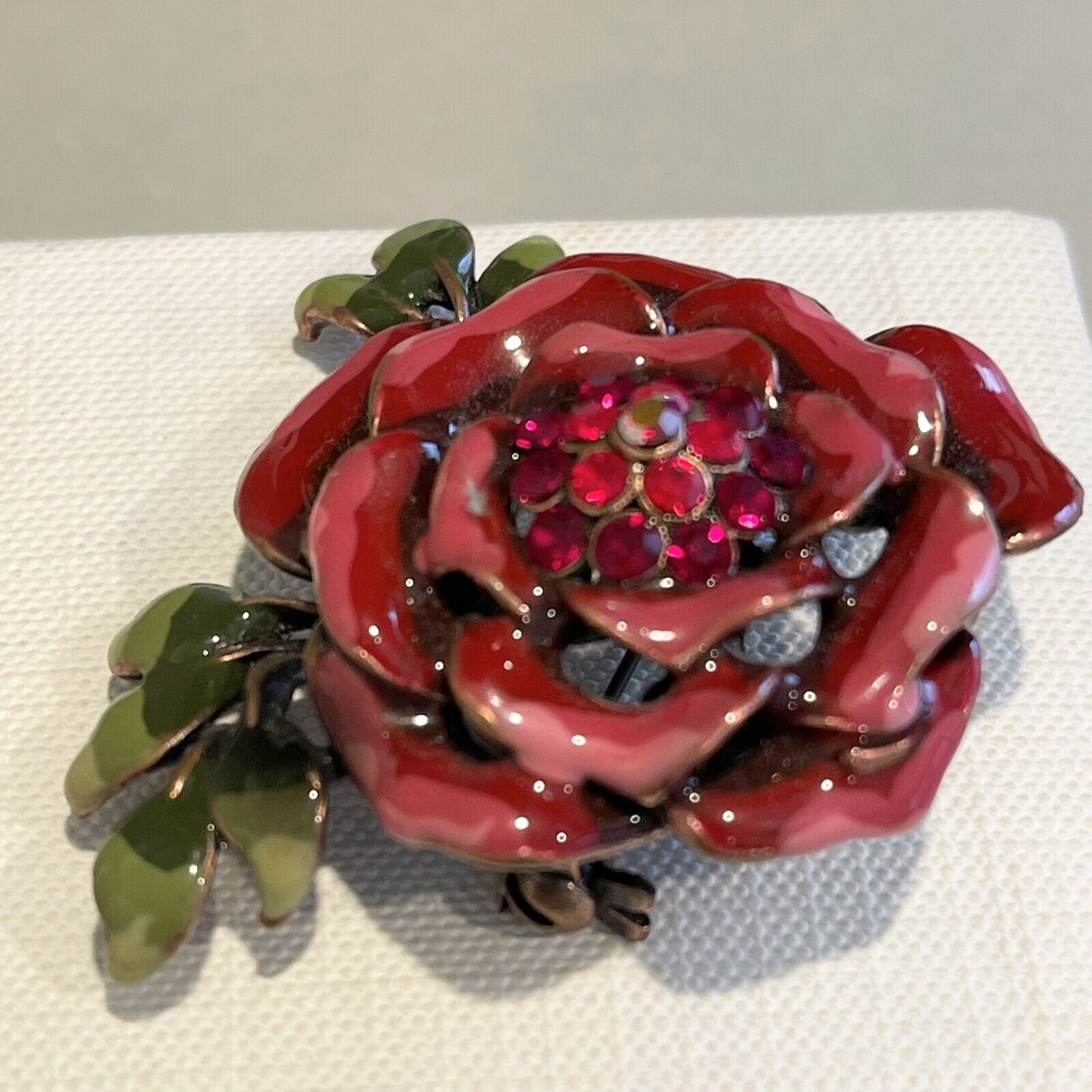 Vintage Enamel Red Flower Rhinestone Brooch Pin Retro Antique Jewelry