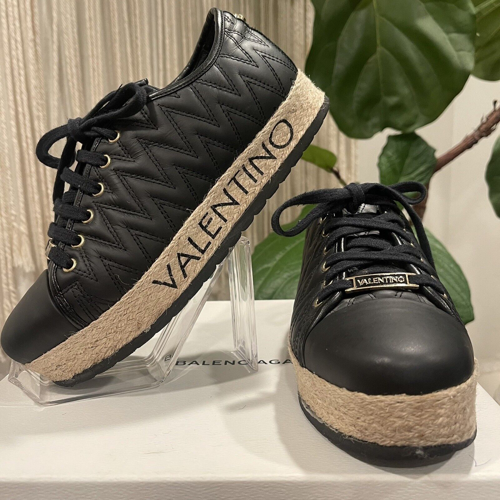 NEW Valentino Black Angel Leather Espadrille Platform Sneakers Shoes Size 9 / 40