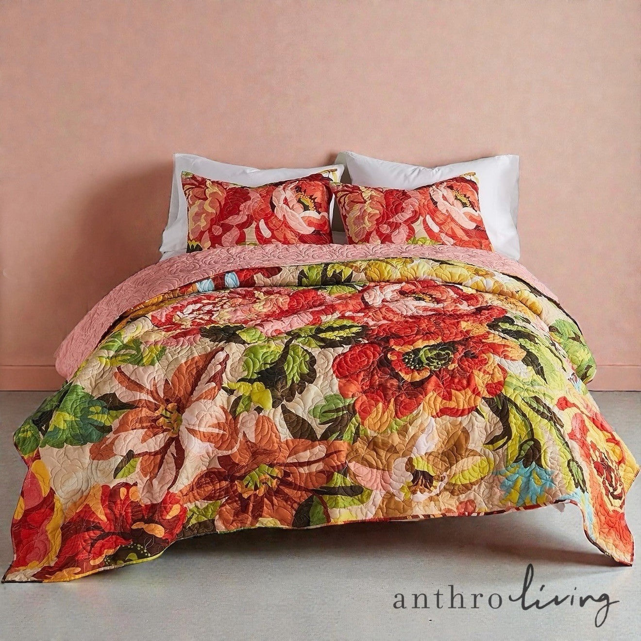 NEW Anthro Red Floral Reversible Boho Knit Queen / King Bedding Quilt & Sham Set