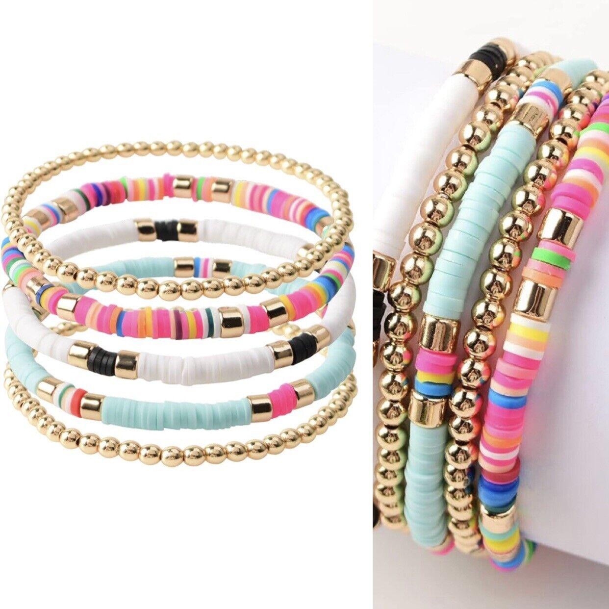 New Free People Neon & Gold Beaded Boho Stacking Stretch Bracelets Jewelry Set