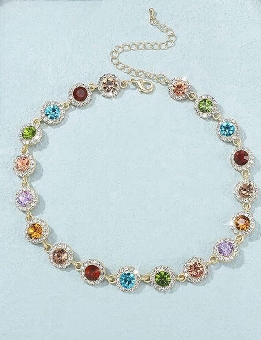 New Free People Multicolor Jewel Rhinestone Gold Boho Choker Necklace Jewelry