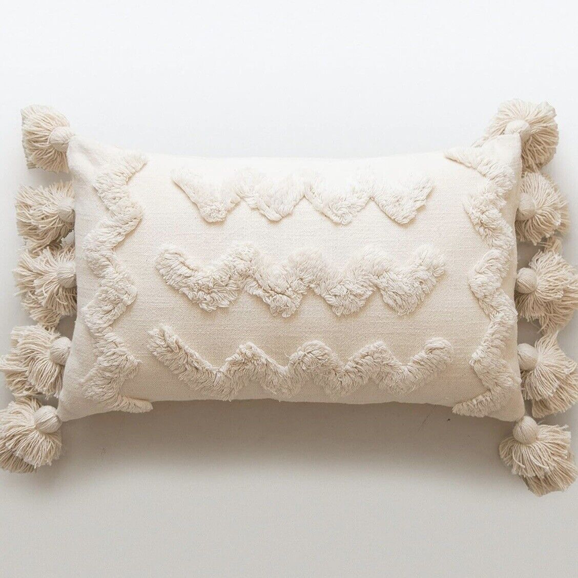 NEW Anthropologie White Boho Tassel Lumbar Throw Pillow Case Cover - 12" x 20"