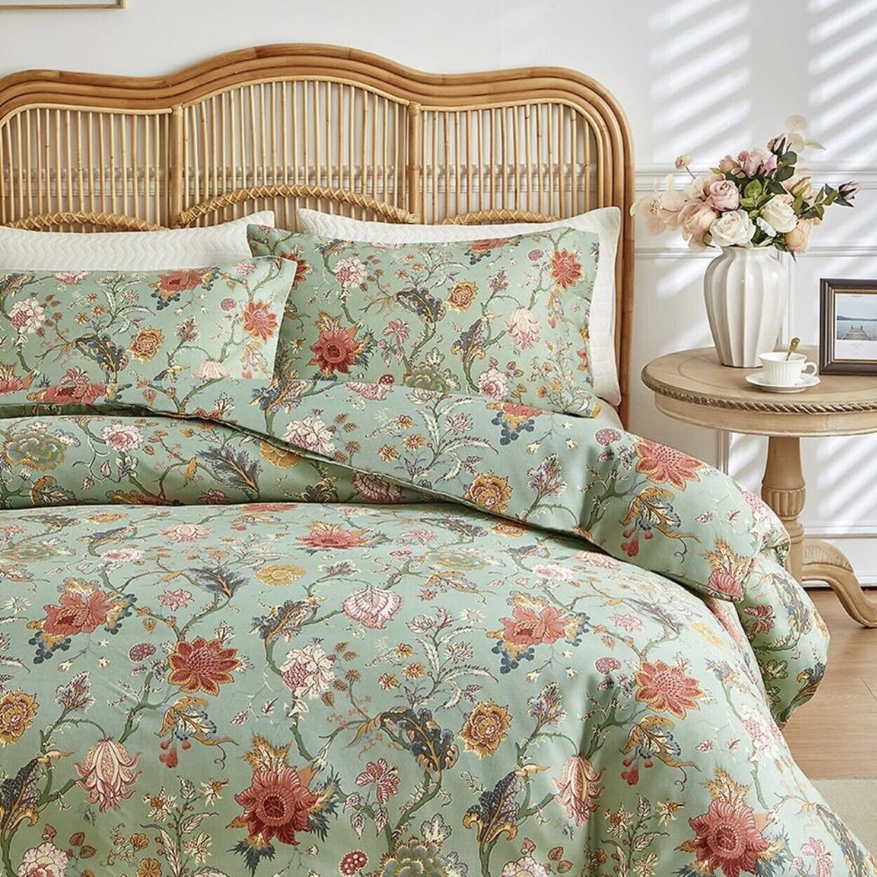 NEW Anthropologie Green Floral Queen Size Boho Comforter Bedding Sham Case Set