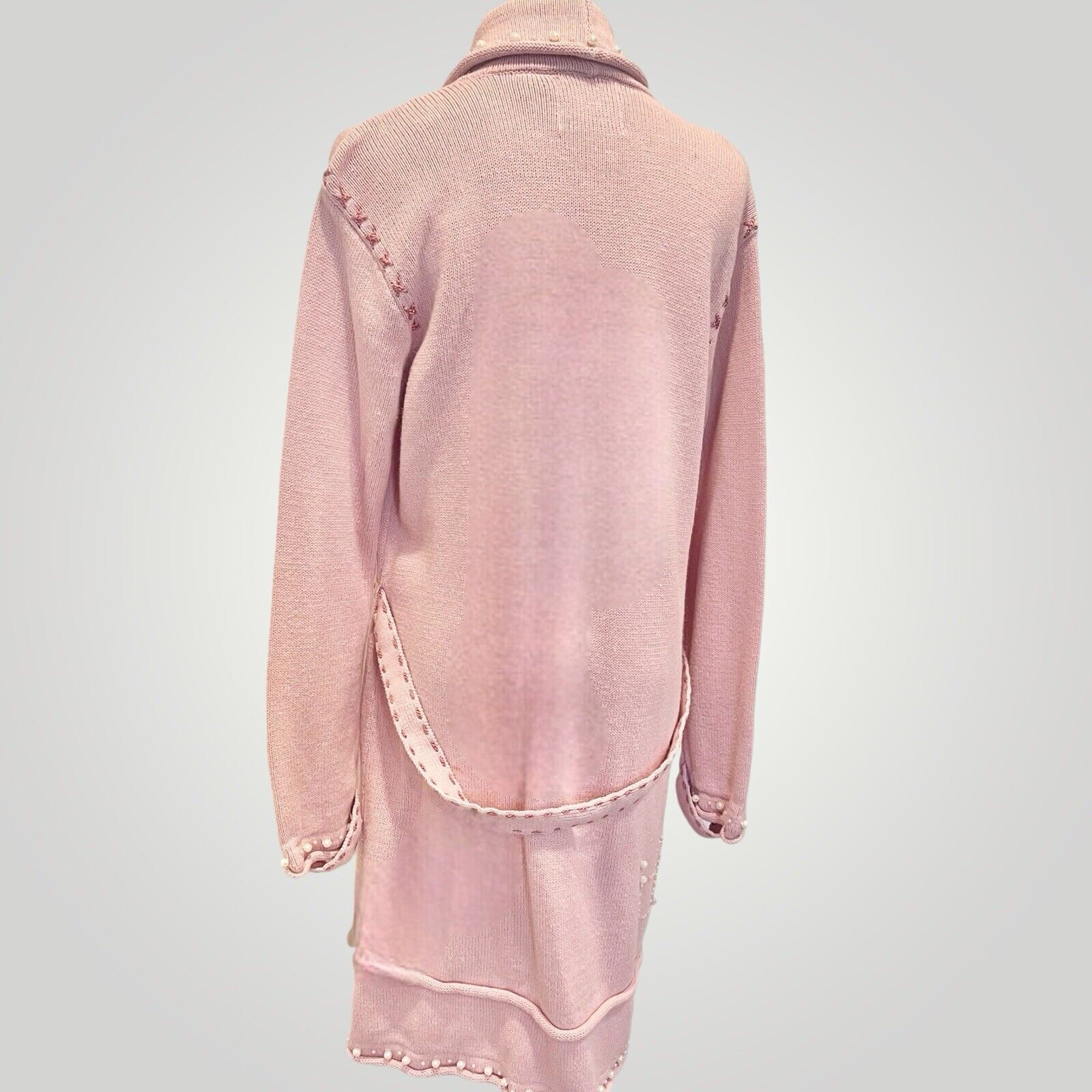 Vintage Storybook Knits Pink Heart Embroidered Pearl Sweater Duster - Medium