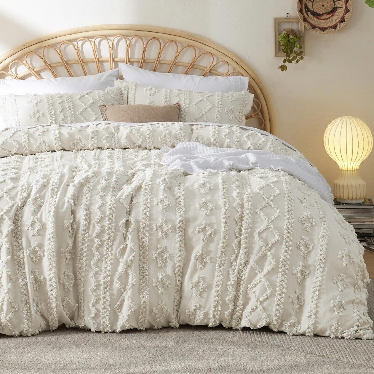 NEW Anthropologie Beige Boho Queen Size Tufted Fringe Bedding Duvet & Sham Set