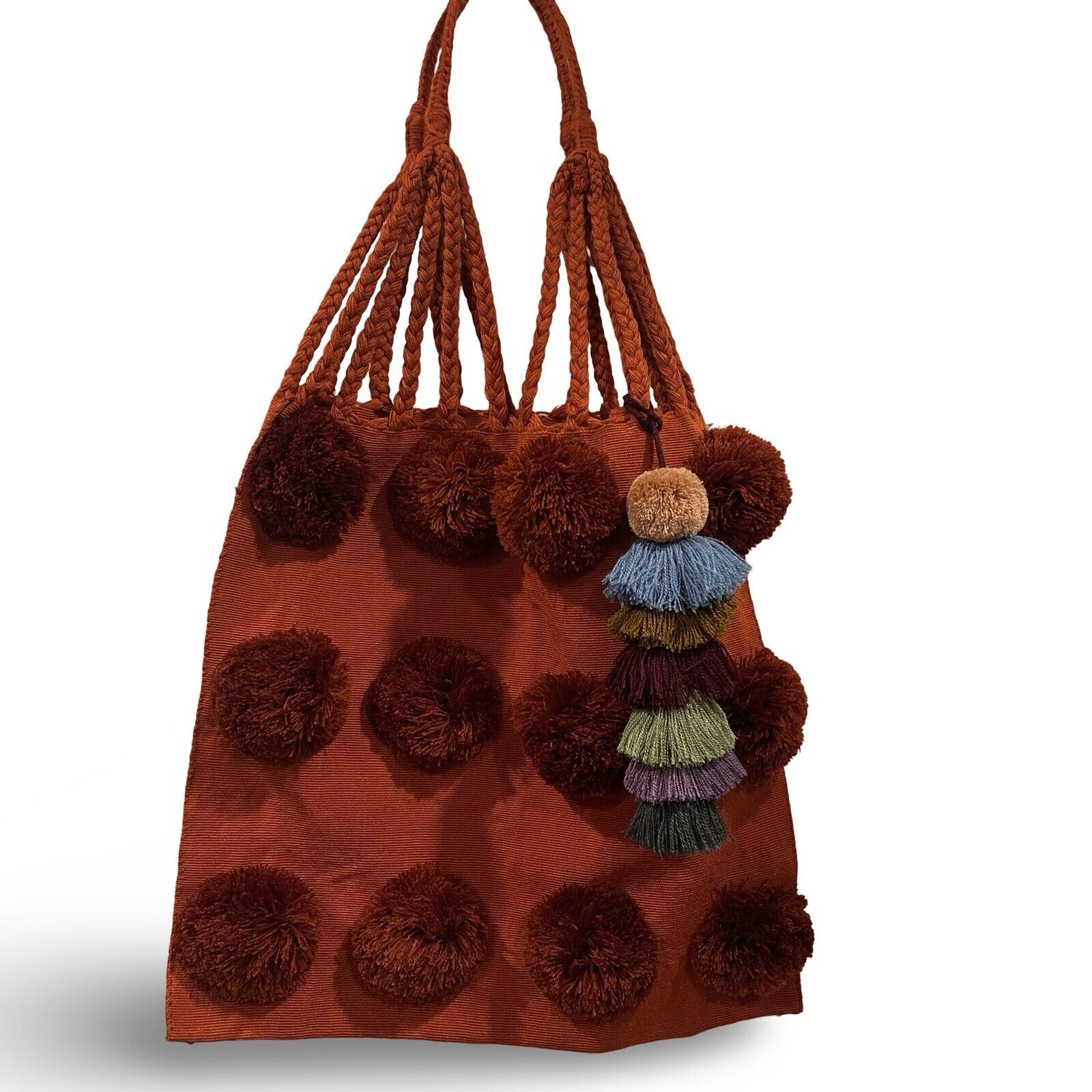 NEW Boho Multicolor Tote Bags - Tassel Pom Pom Woven Shoulder Purse with Strap