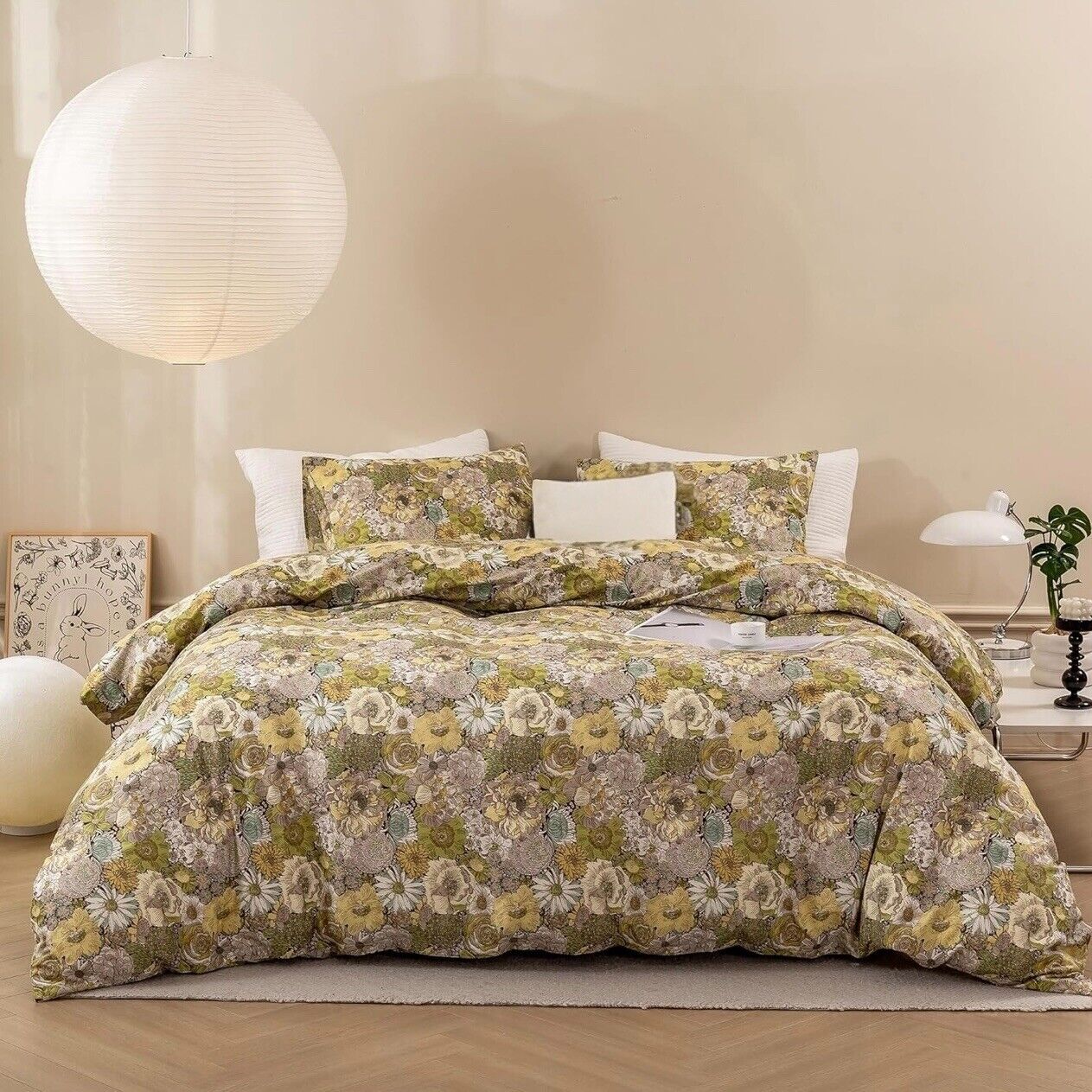 NEW Anthropologie Green Yellow Floral Cotton Boho King Bedding Duvet & Sham Set