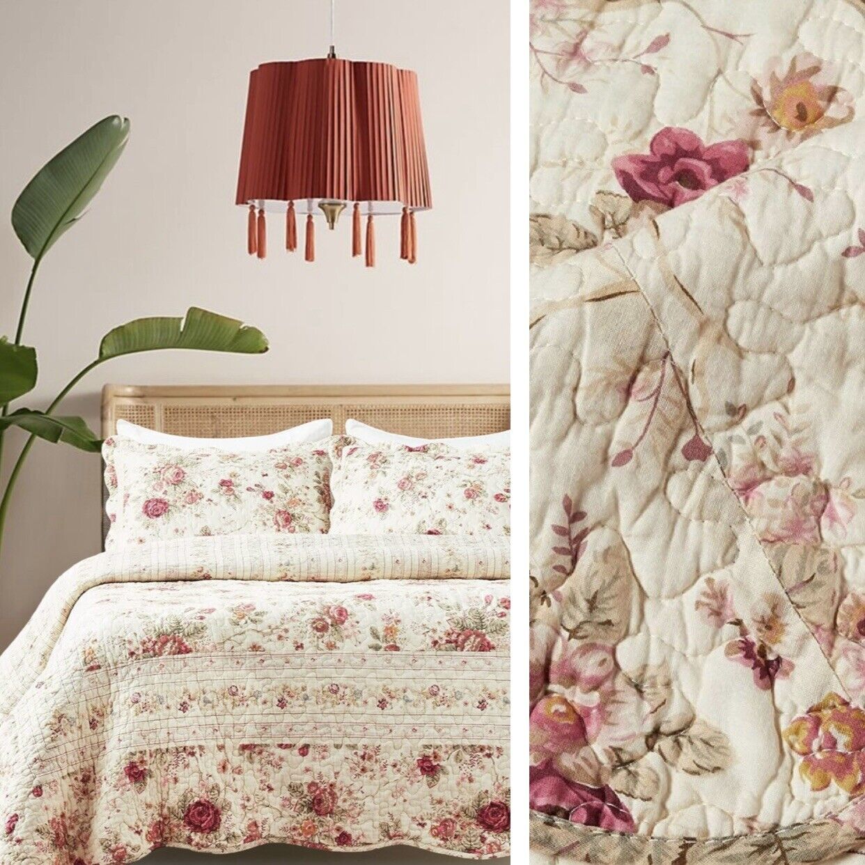 NEW Anthropologie White Red Floral Cream King Quilt Bedspread Bedding Sham Set