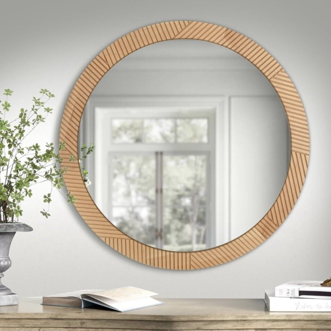 NEW West Elm Large Round Mirror Grooved Wood Boho Wall Hanging Decor - 24” Diam