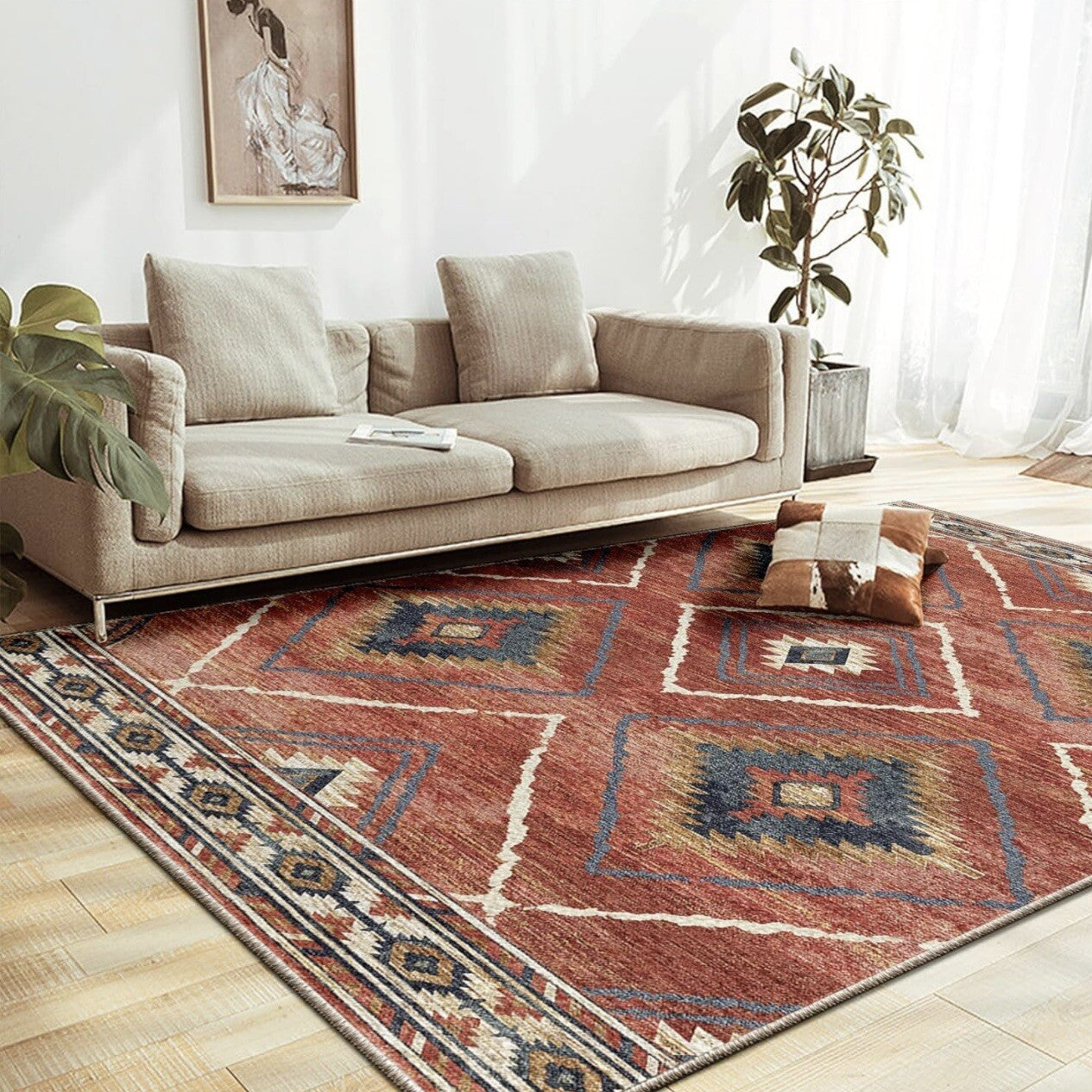 NEW West Elm Red Moroccan Boho Tribal Washable Low Pile Area Rug Carpet 8' x 10'