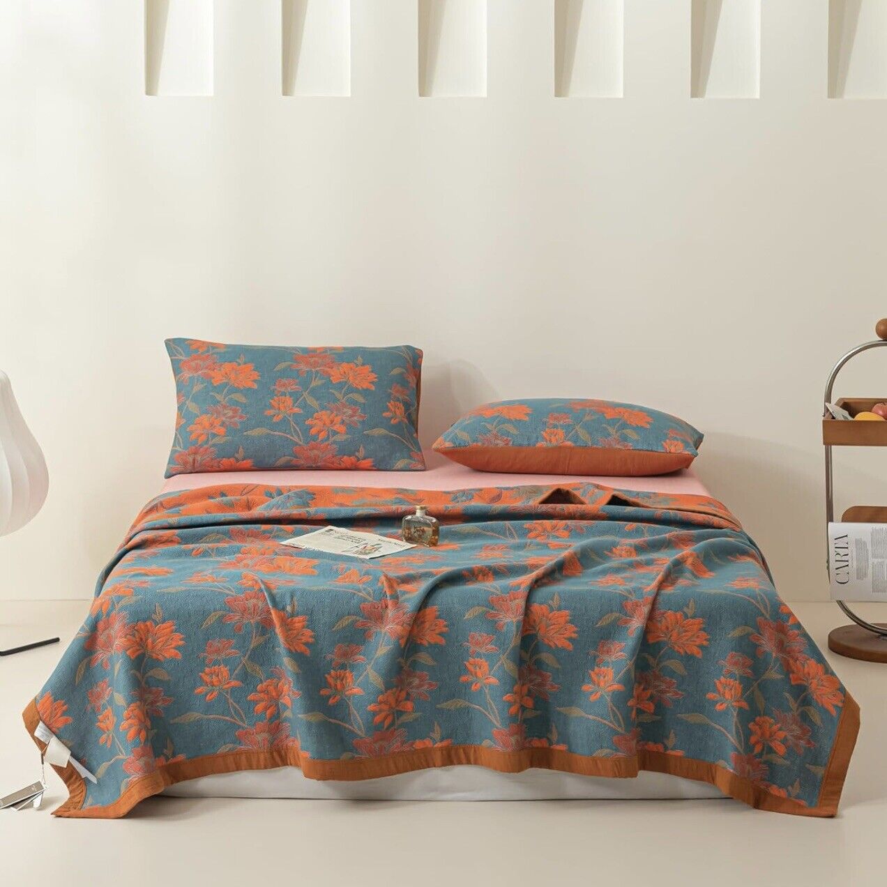 NEW Anthropologie Blue Orange Reversible Queen / King Bedspread Blanket Sham Set