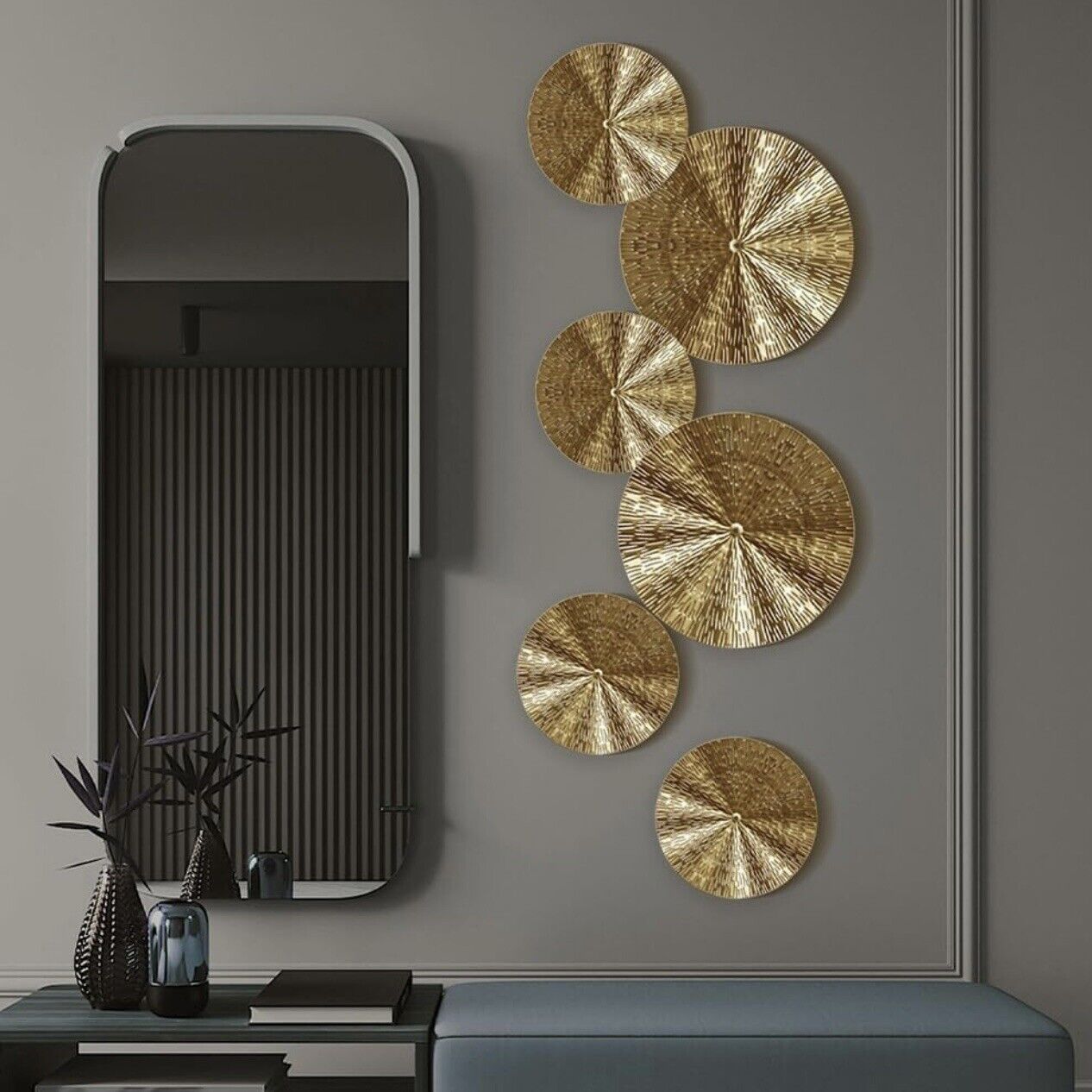 NEW West Elm XL Gold Boho Metal Abstract Wall Hanging Baskets Plates - Set of 7