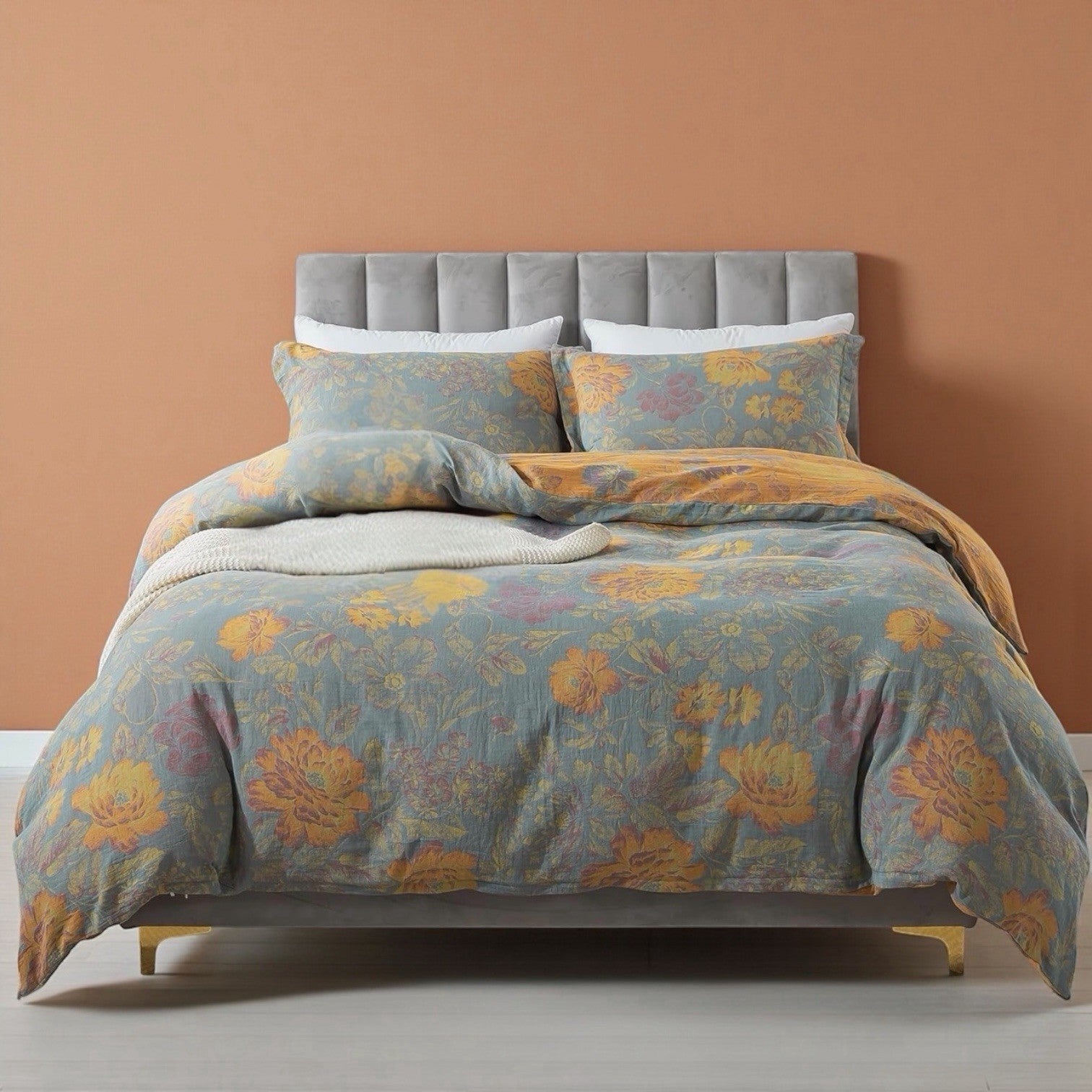 NEW Anthropologie Blue Orange Floral Cotton Queen / King Bedding Duvet Sham Set