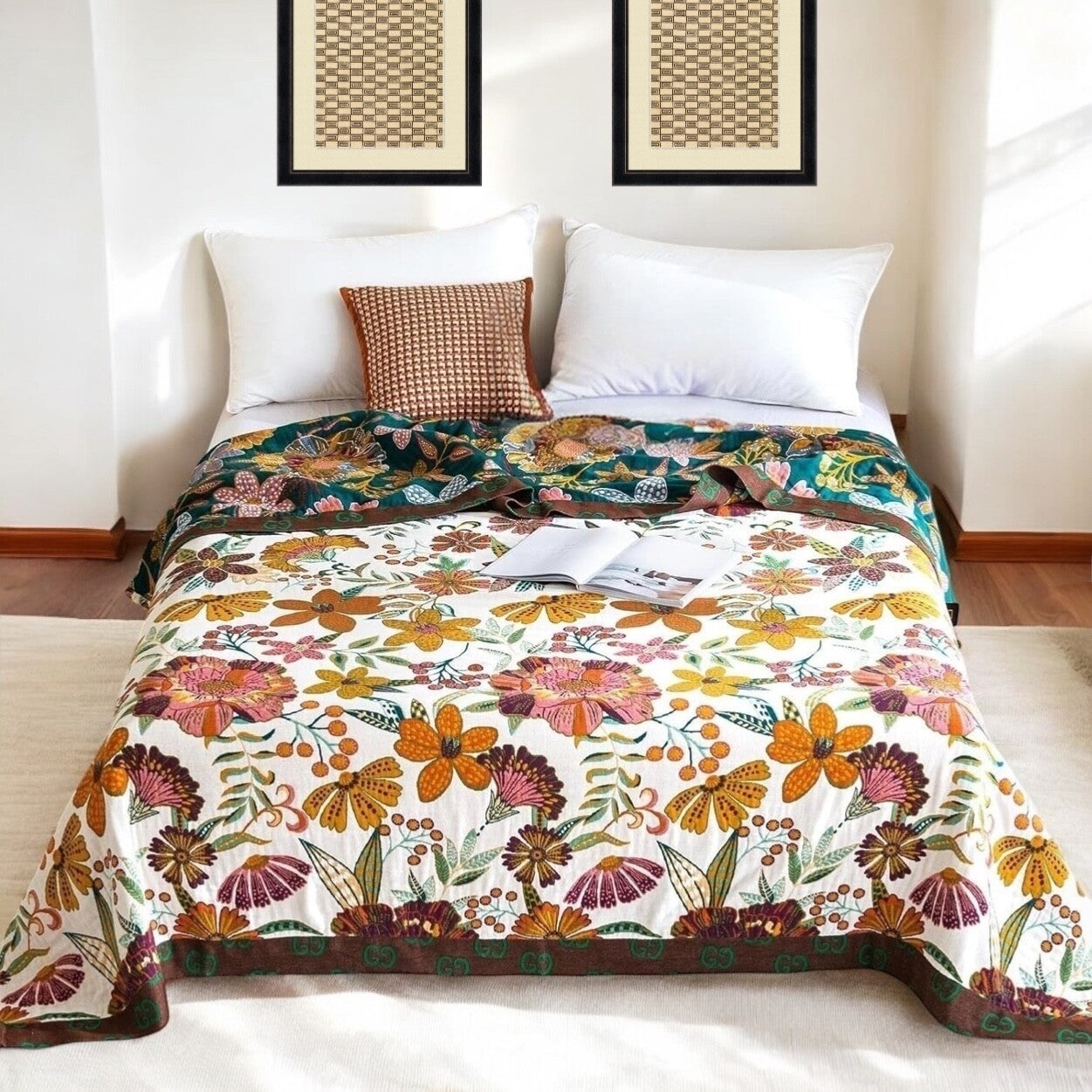 NEW Anthropologie Boho Floral Reversible Queen Blanket Bedspread Quilt 90" x 98"