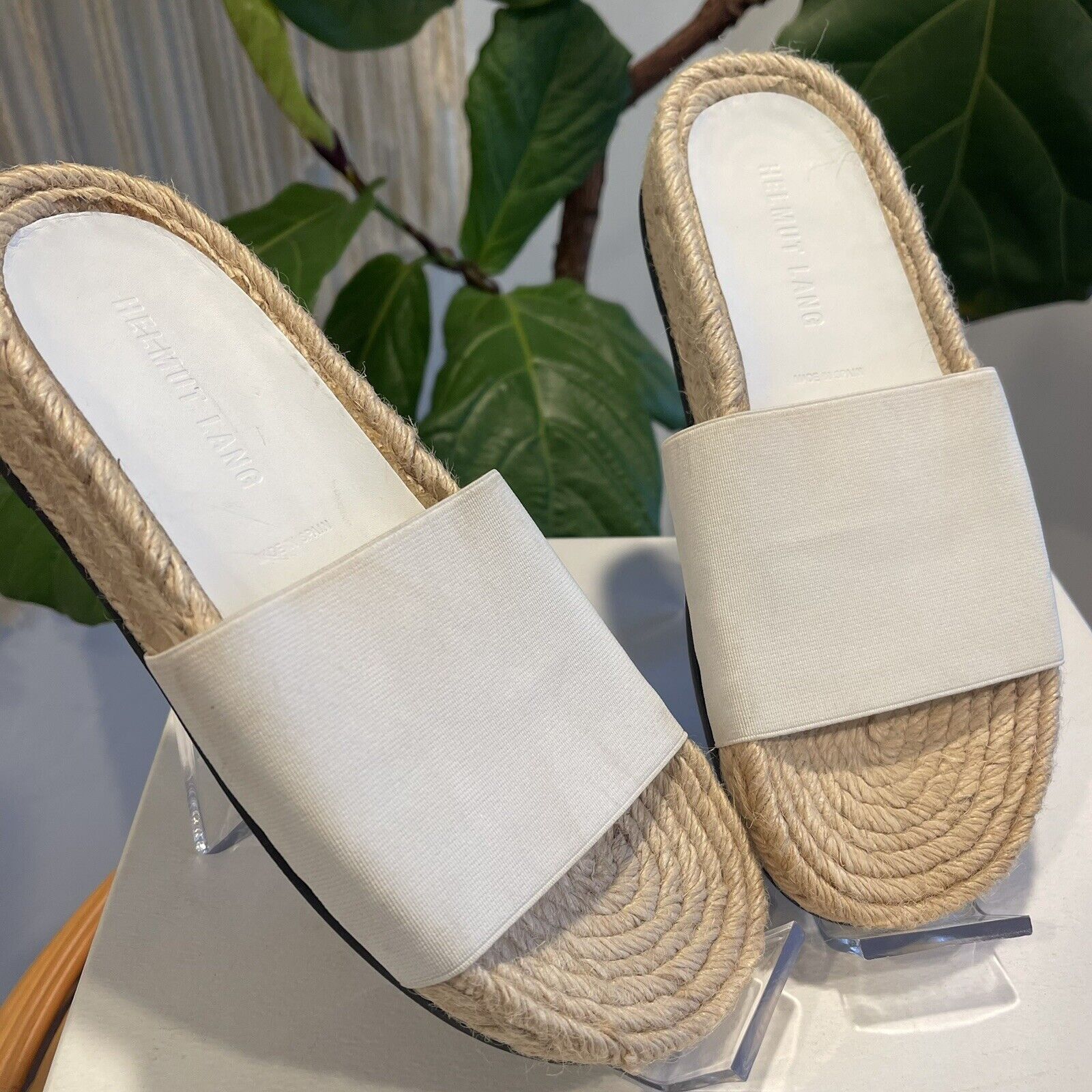 NEW Helmut Lang White Stretch Fabric Espadrille Flat Sandals Shoes - Size 6 / 36