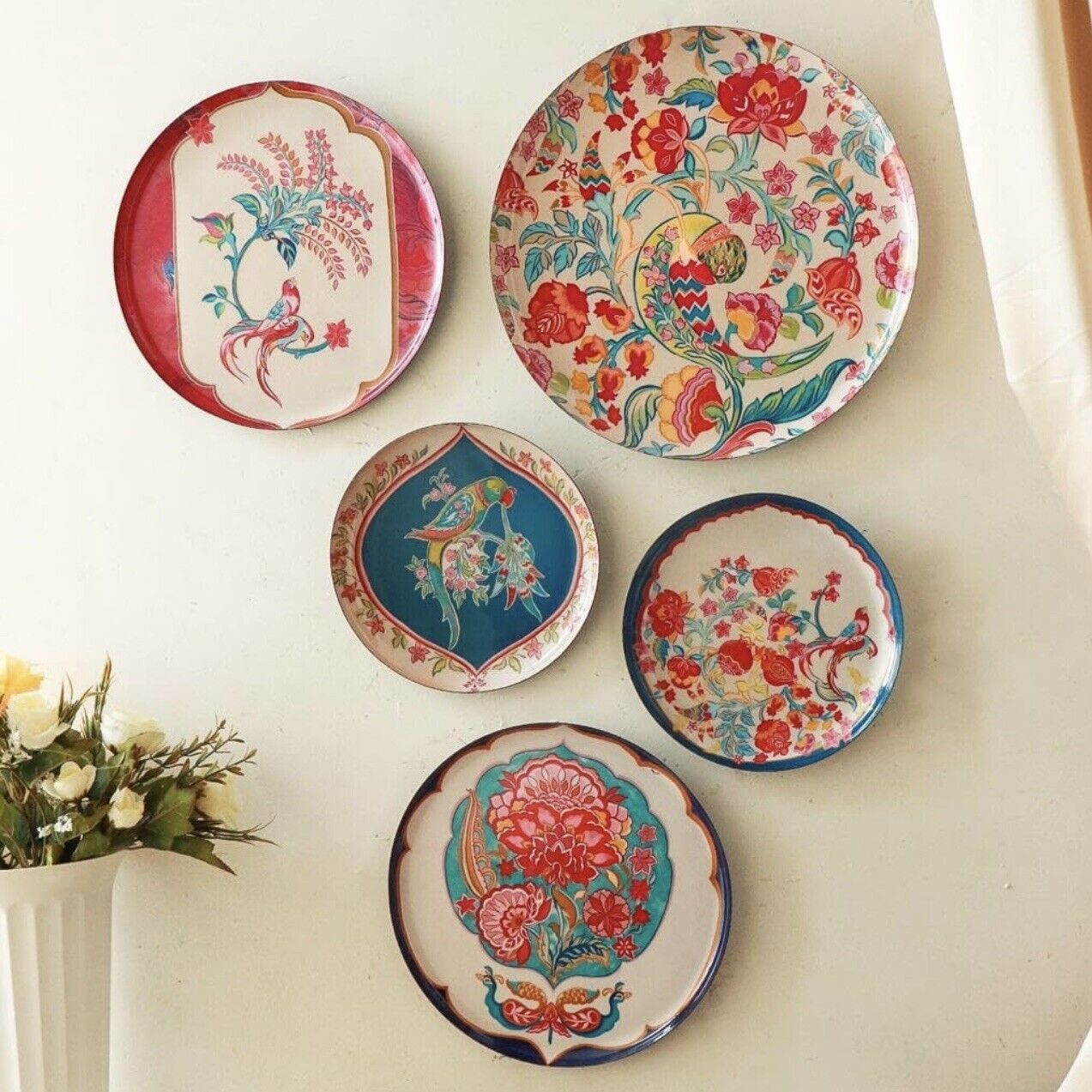 NEW Anthropologie XL Boho Metal Floral Wall Hanging Baskets Plates - Set of 5