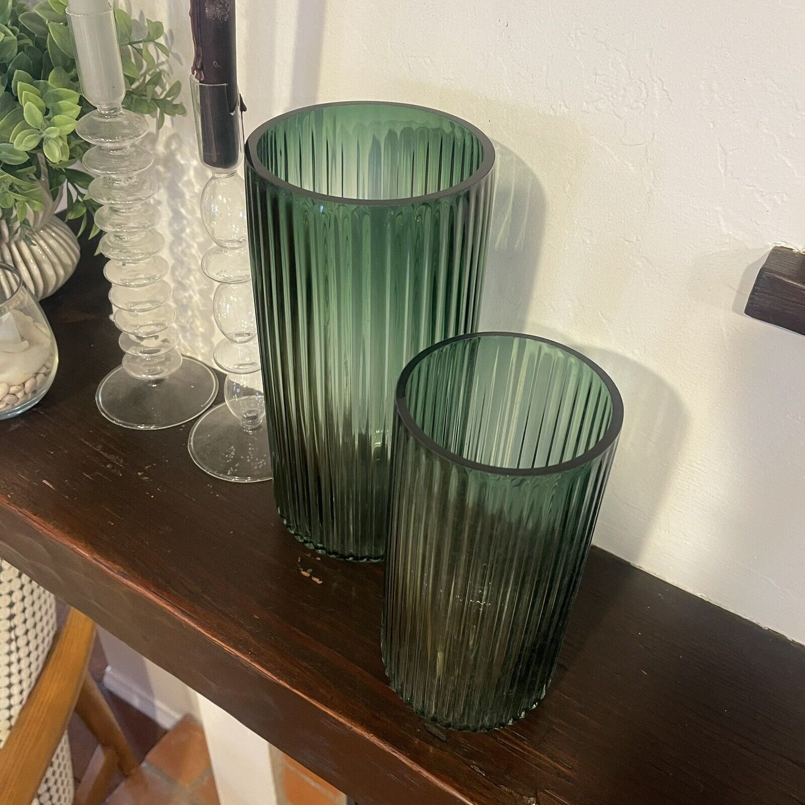 NEW West Elm Green Glass Large Boho Ribbed Cylinder Flower Vase Planter Decor