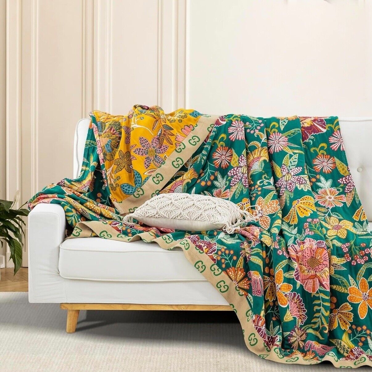 NEW Anthropologie Boho Floral Reversible Queen Blanket Bedspread Quilt 80" x 90"