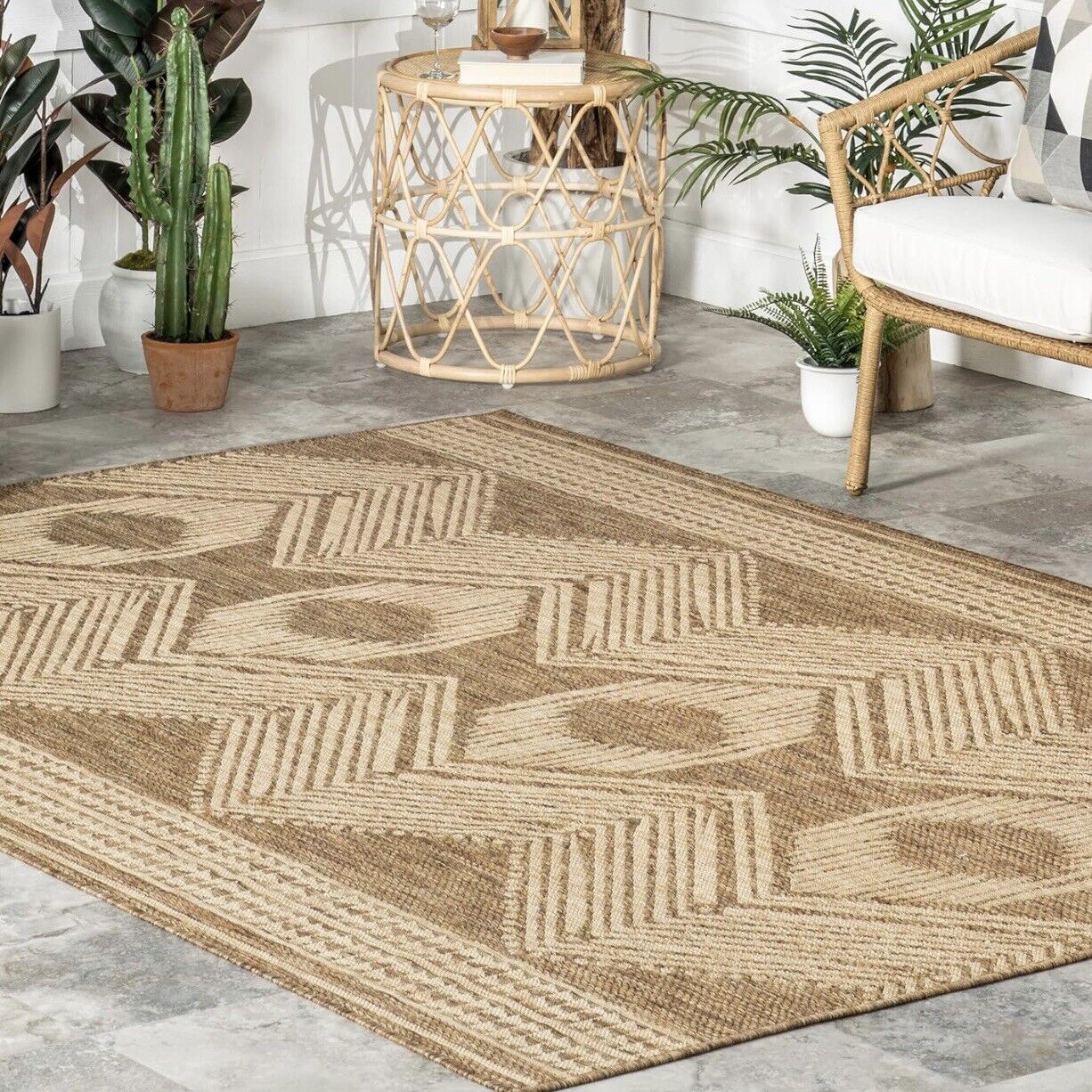 NEW West Elm Tan Woven Boho Jute Style Geometric Indoor Outdoor Area Rug 7' x 9'