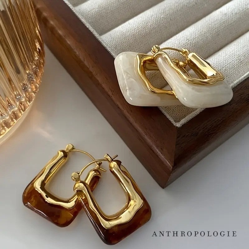 NEW Anthropologie Brown Resin & Gold Plated Chunky Hoop Dangle Earrings Jewelry