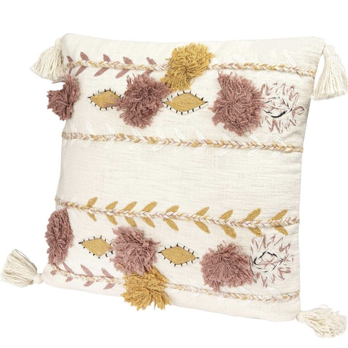 NEW Anthropologie Boho Floral Tassel Pom Pom Embroidered Pillow Sham Case 20x20