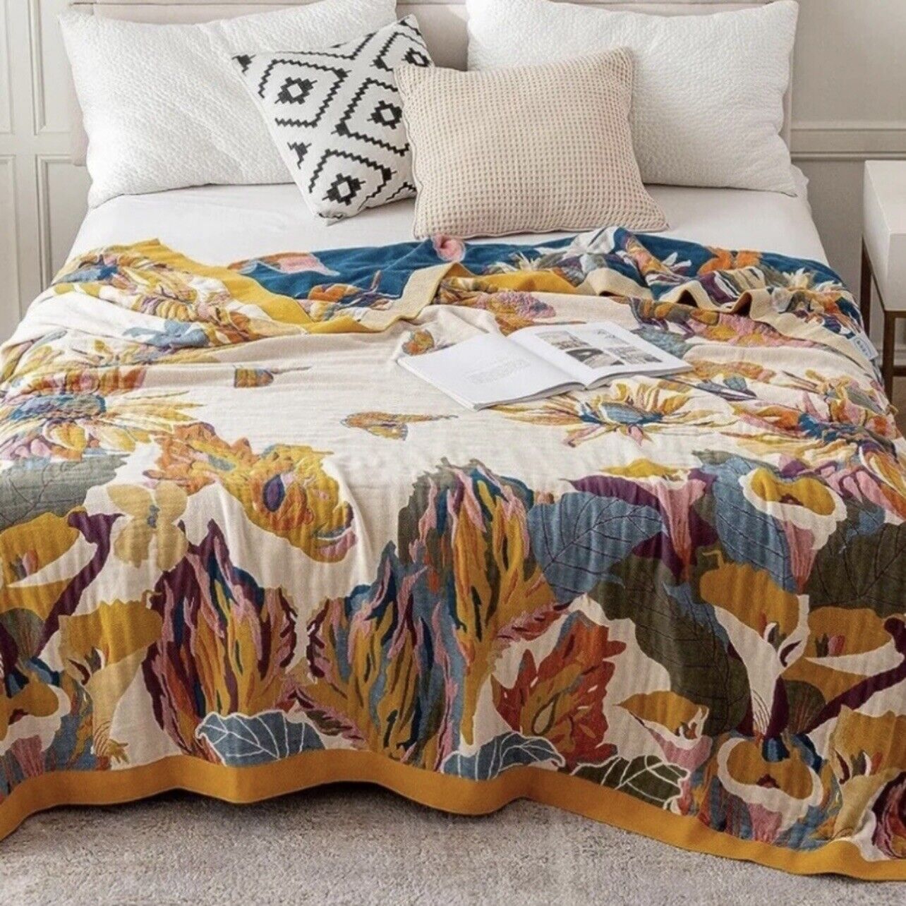 NEW XL Anthropologie Boho Bird Orange Throw Blanket Bedspread Quilt - 80" x 90"